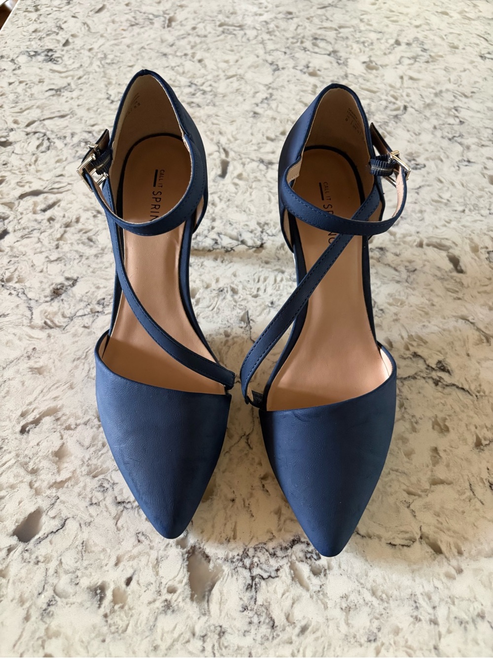 Call It Spring Navy Blue Pointed-Toe Ankle Strap Heels Size 8